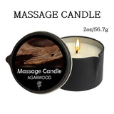 Massage candle with black lid featuring agarwood, labeled as 'Massage Candle Agarwood'.