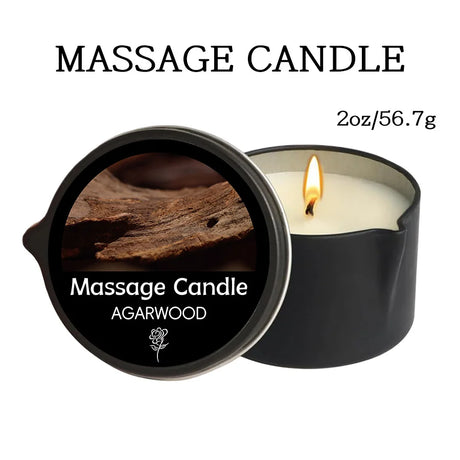 Massage candle with black lid featuring agarwood, labeled as 'Massage Candle Agarwood'.