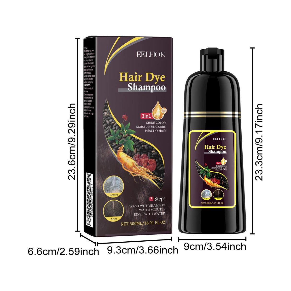 Hair dye shampoo bottle and packaging with dimensions on a white background