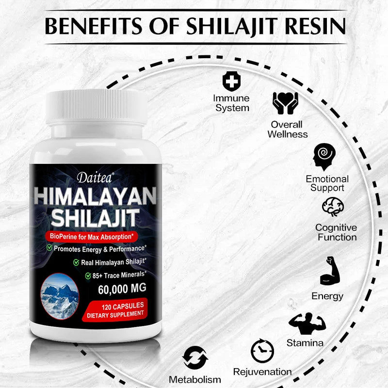 Bottle of Himalayan Shilajit resin with benefits listed on a white background