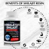 Bottle of Himalayan Shilajit resin with benefits listed on a white background