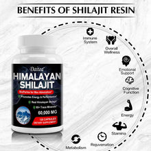 Bottle of Himalayan Shilajit resin with benefits listed on a white background