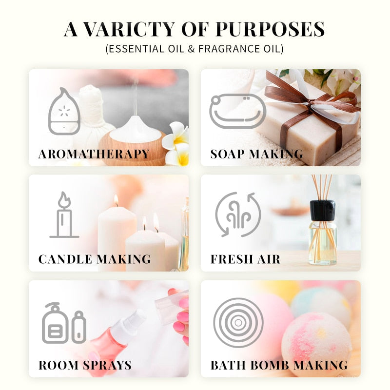 Promotional graphic showcasing various uses of essential oils and fragrance oils including aromatherapy, soap making, candle making, fresh air, room sprays, and bath bomb making.