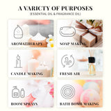 Promotional graphic showcasing various uses of essential oils and fragrance oils including aromatherapy, soap making, candle making, fresh air, room sprays, and bath bomb making.