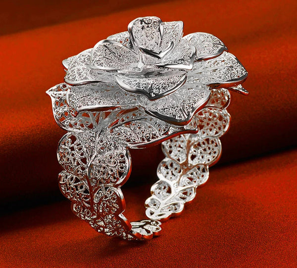 925 Sterling Silver Camellia cuff bracelet for elegant everyday wear, special occasions, and floral jewelry styling.