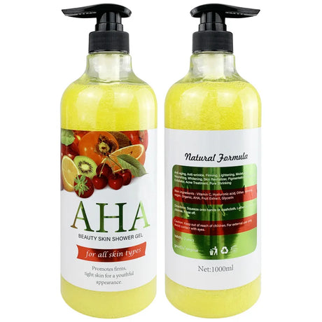 Two bottles of AHA Beauty Skin Shower Gel with fruit illustrations on labels.