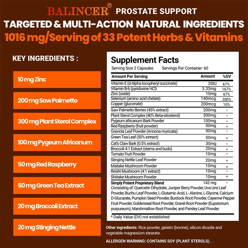 Balincer prostate support supplement label with ingredients and facts on a brown background