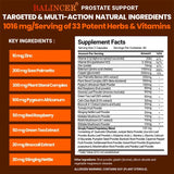 Balincer prostate support supplement label with ingredients and facts on a brown background