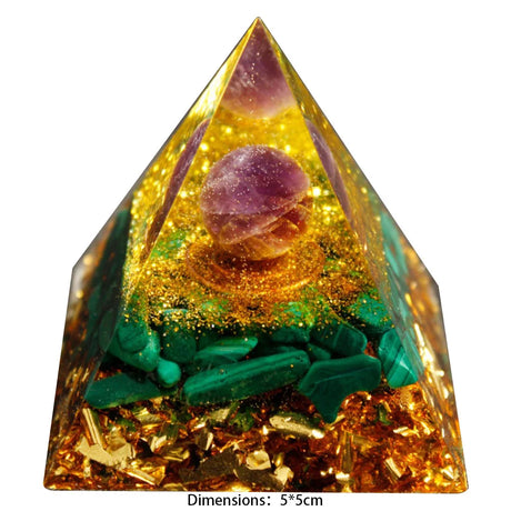 Pyramid-shaped crystal with colorful interior on a white background