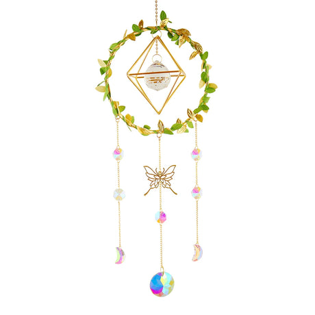 Decorative hanging ornament with gold geometric design, butterfly, and colorful beads on a white background