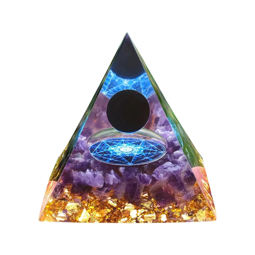 Triangular pyramid with a mystical design on a white background