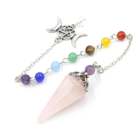 Crystal pendulum with colorful beads on a white background