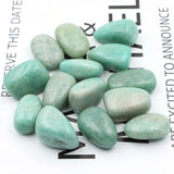 Turquoise stones on a white background with text overlay