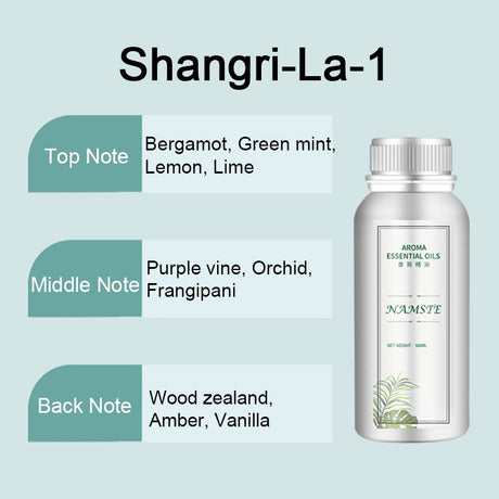 NAMSTE essential oil bottle with 'Shangri-La-1' description and notes on a light blue background