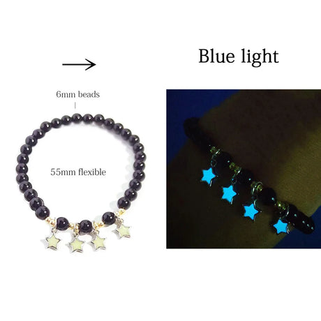 Black beaded bracelet with star charms, labeled 'Blue light' on a white background.