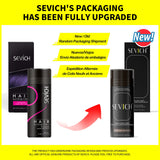Sevich hair building fiber packaging comparison with new and old designs on a yellow background.