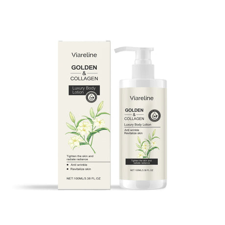 Viareline Golden & Collagen body lotion with packaging on a white background