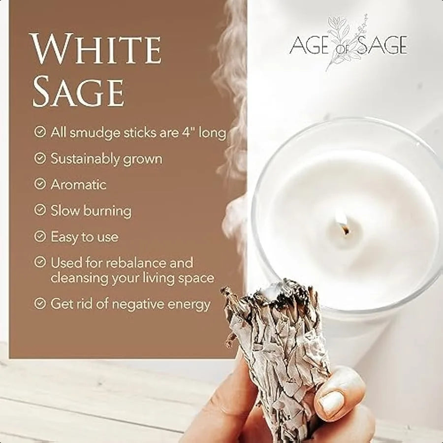 White sage smudge stick with a candle and 'Age of Sage' branding.