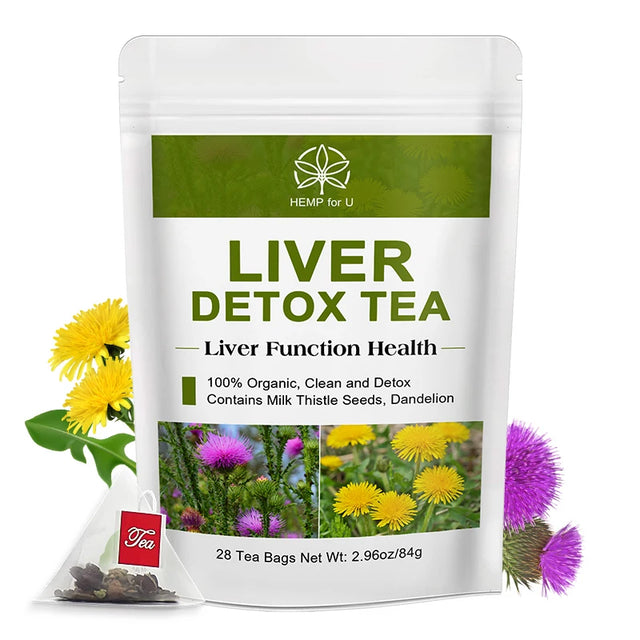 Hemp for U Liver Detox Tea package with tea bags and herbs on a white background