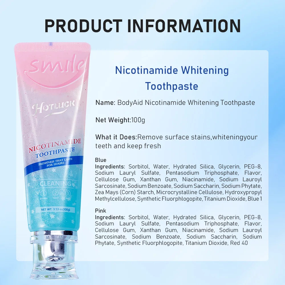 BodyAid Nicotinamide Whitening Toothpaste with product details on a light blue background