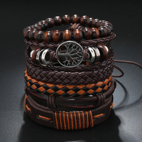 Stack of leather bracelets with braided and beaded designs on a dark background