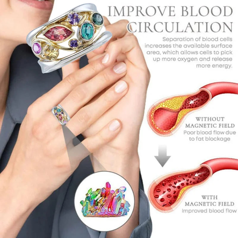 Promotional image of a gemstone-encrusted device on hands with text about improving blood circulation.
