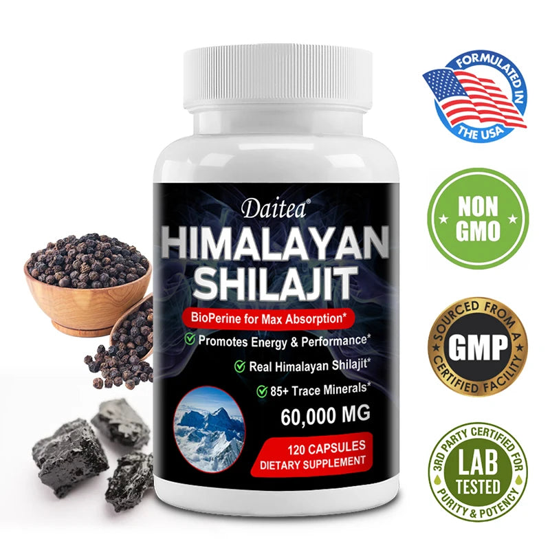 Bottle of Himalayan Shilajit supplement with ingredients and certification logos on a white background