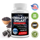Bottle of Himalayan Shilajit supplement with ingredients and certification logos on a white background