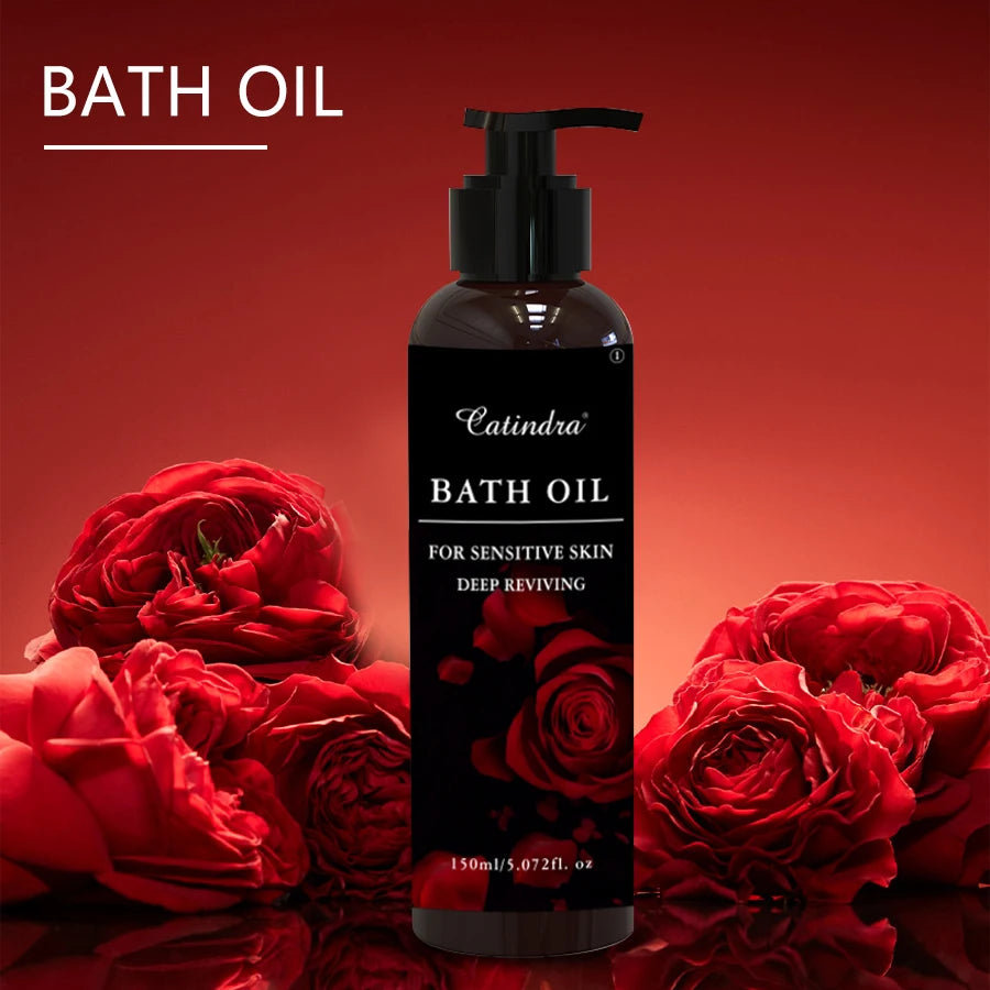 Bath oil bottle with red roses on a red background