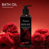 Bath oil bottle with red roses on a red background