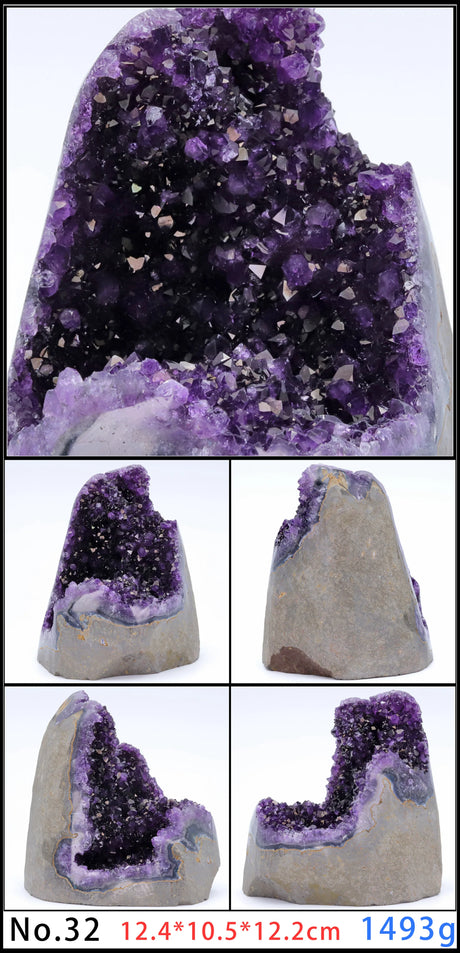 Amethyst crystal formation with multiple views on a white background