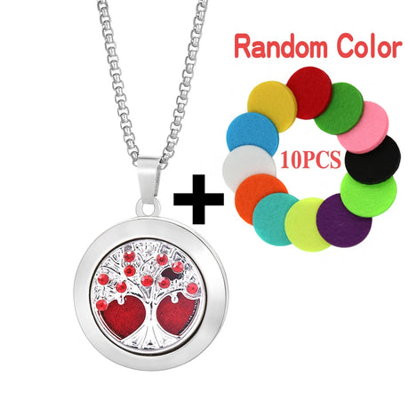 Necklace with tree of life pendant and colorful round charms on a white background