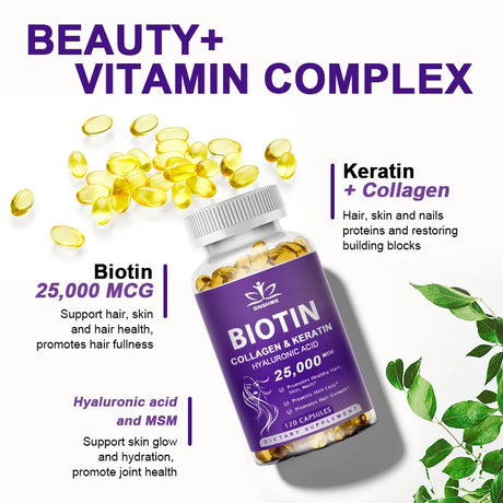 Bottle of Biotin, Collagen, and Keratin supplement with capsules on a white background