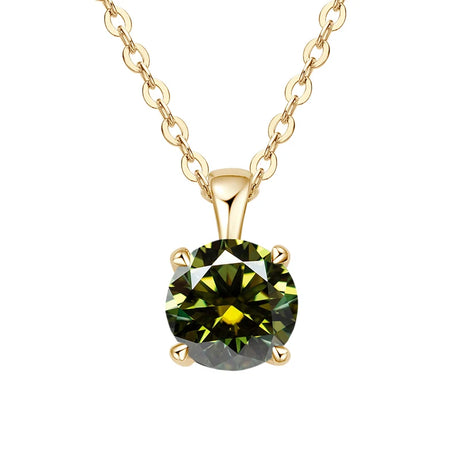Gold necklace with a green gemstone pendant on a white background