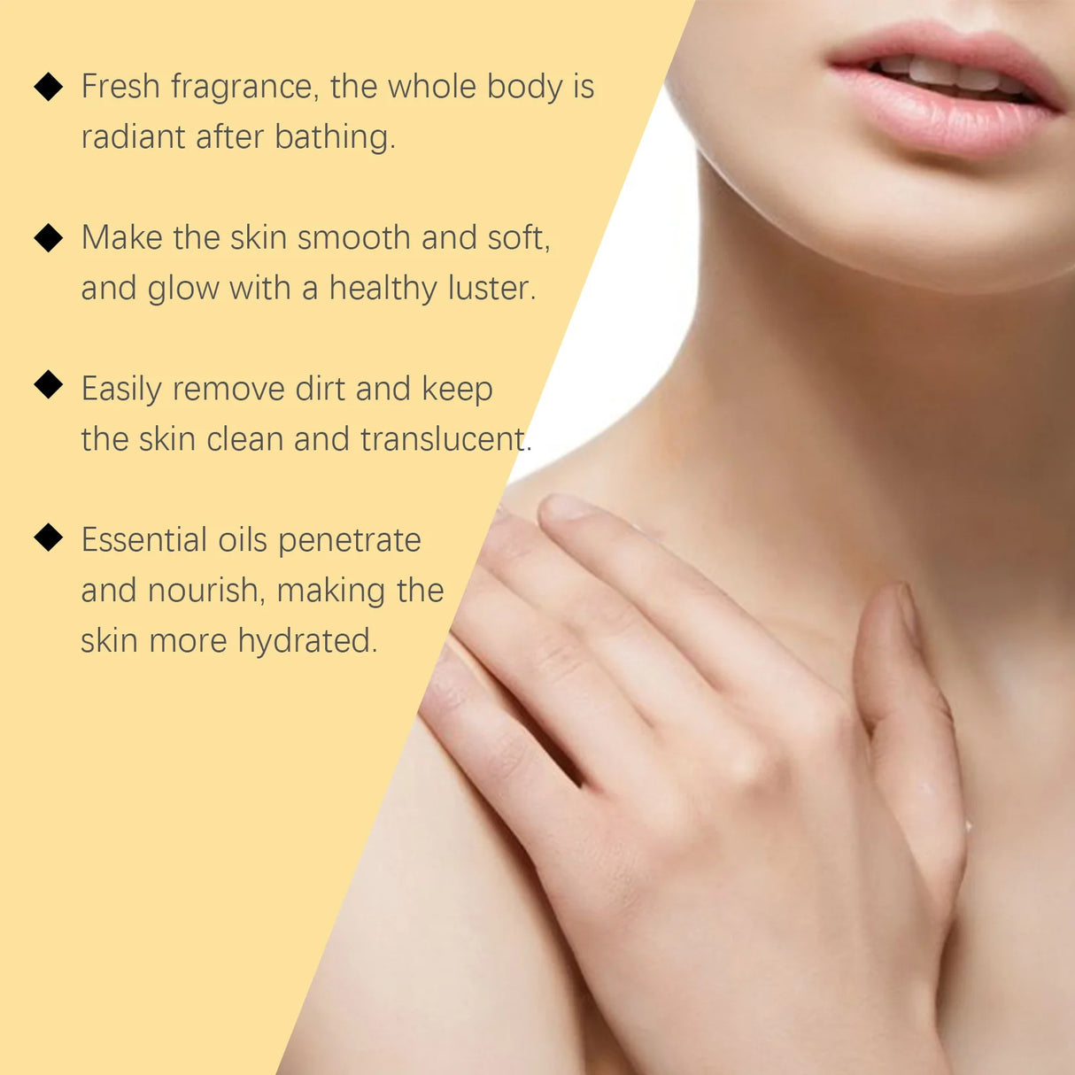 Close-up of a person's neck and shoulder with text about skincare benefits on a yellow background