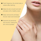 Close-up of a person's neck and shoulder with text about skincare benefits on a yellow background