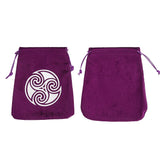 Two purple drawstring bags with a white spiral design on a white background