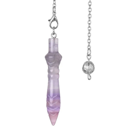 Necklace with a pink and purple crystal pendant on a white background