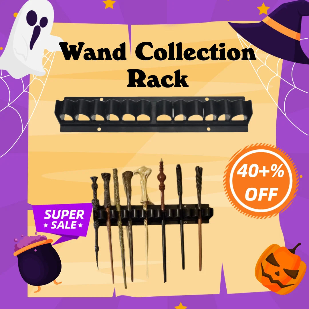 Wand Collection Rack with Halloween-themed decorations on a purple background