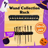 Wand Collection Rack with Halloween-themed decorations on a purple background