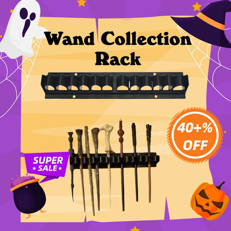 Wand Collection Rack with Halloween-themed decorations on a purple background