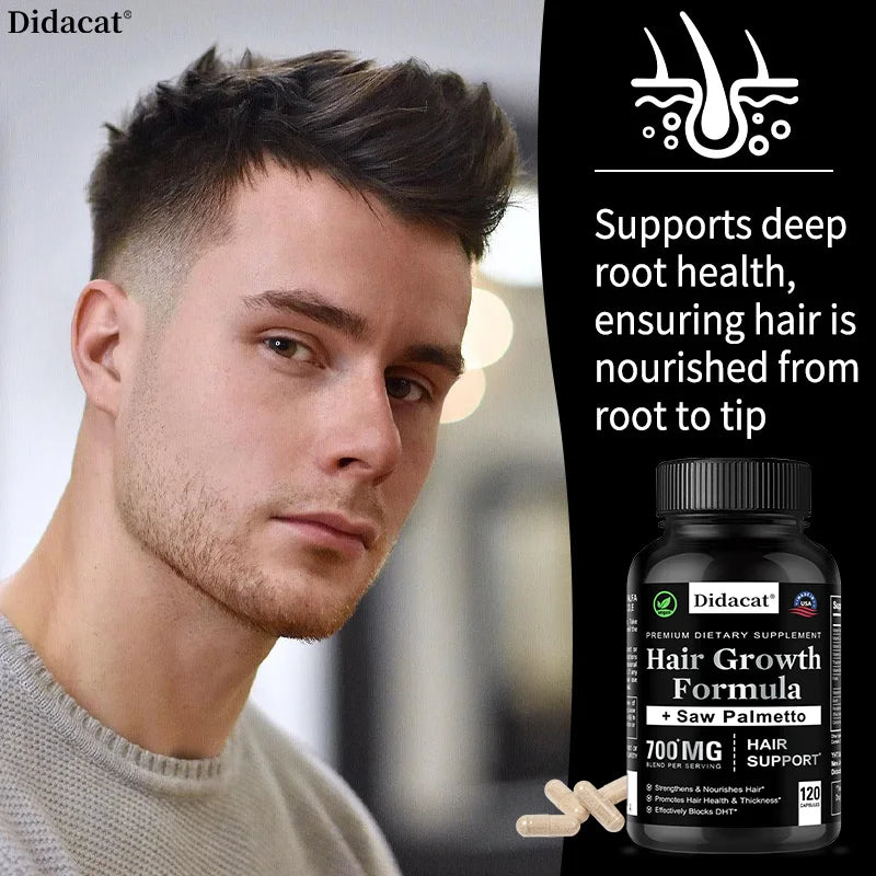 Man with styled hair next to a bottle of Didacat Hair Growth Formula supplement.