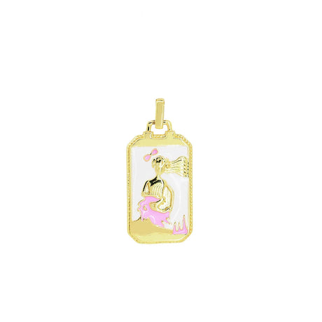 Gold pendant with a pink design on a white background