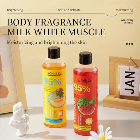 Two bottles of Kormesic body fragrance milk with text on a decorative background.