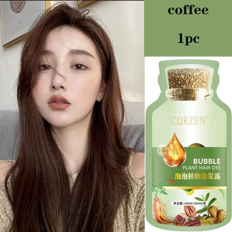 Woman with long brown hair next to a CQRZEN bubble plant hair dye product.