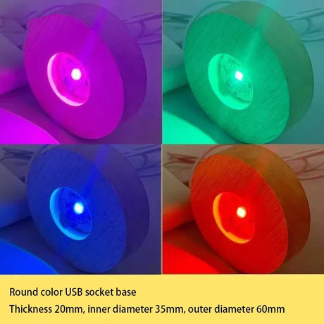 Four round color USB socket bases in purple, green, blue, and red with text describing dimensions.