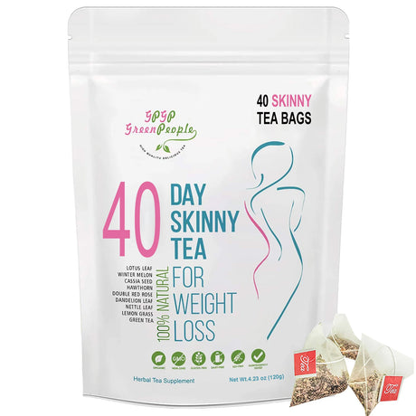 Package of 40 Day Skinny Tea for weight loss by Green People with a tea bag displayed.