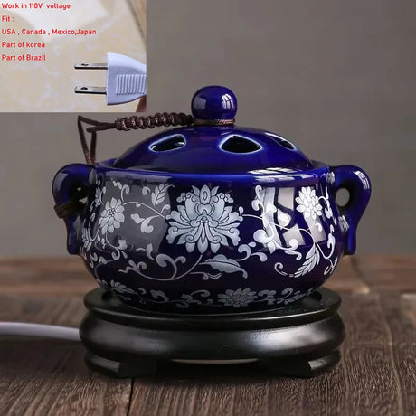 Blue ceramic incense burner with floral patterns on a wooden surface, with an inset showing a power plug.