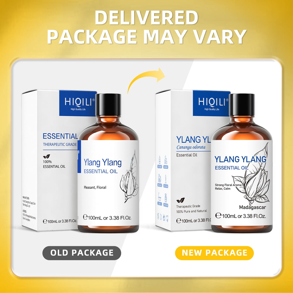 Comparison of old and new packages of HIQILI Ylang Ylang essential oil on a yellow background.