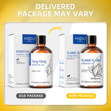 Comparison of old and new packages of HIQILI Ylang Ylang essential oil on a yellow background.